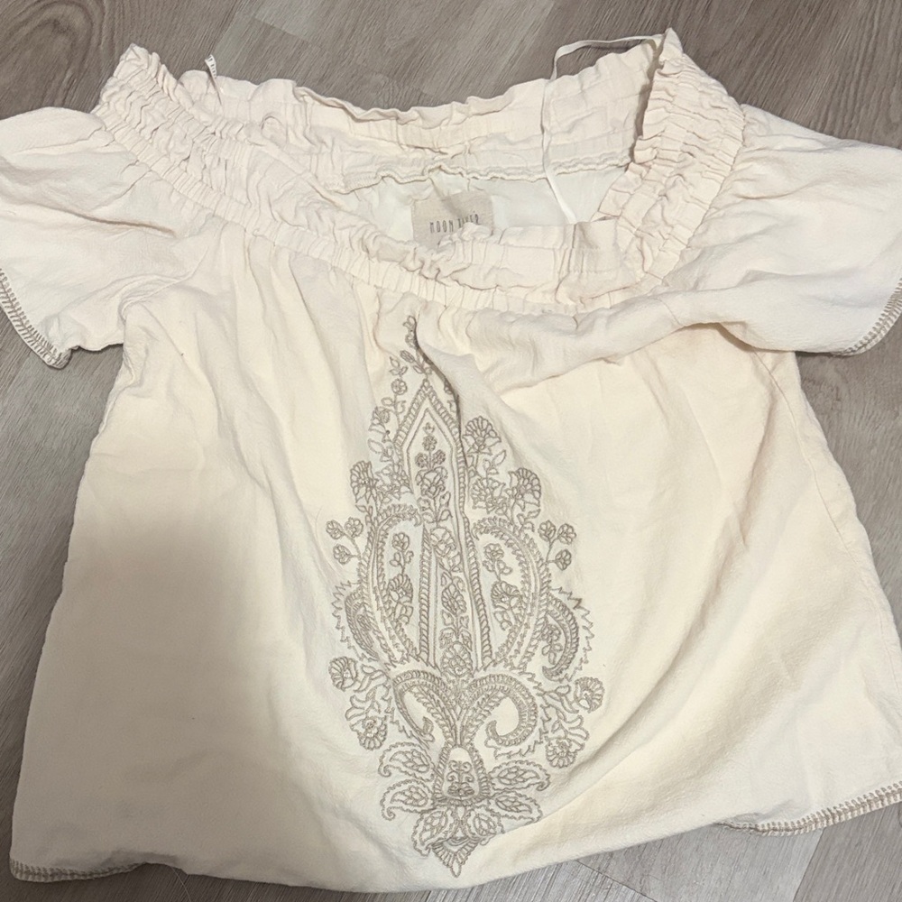 Moon River Cream Off-Shoulder Embroidered Crop Top